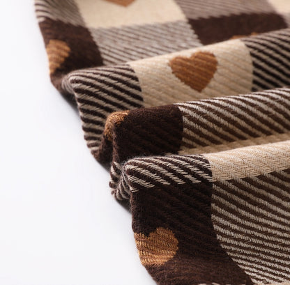 Women's Elegant Plaid Heart Patterned Fringed Imitation Cashmere Scarf