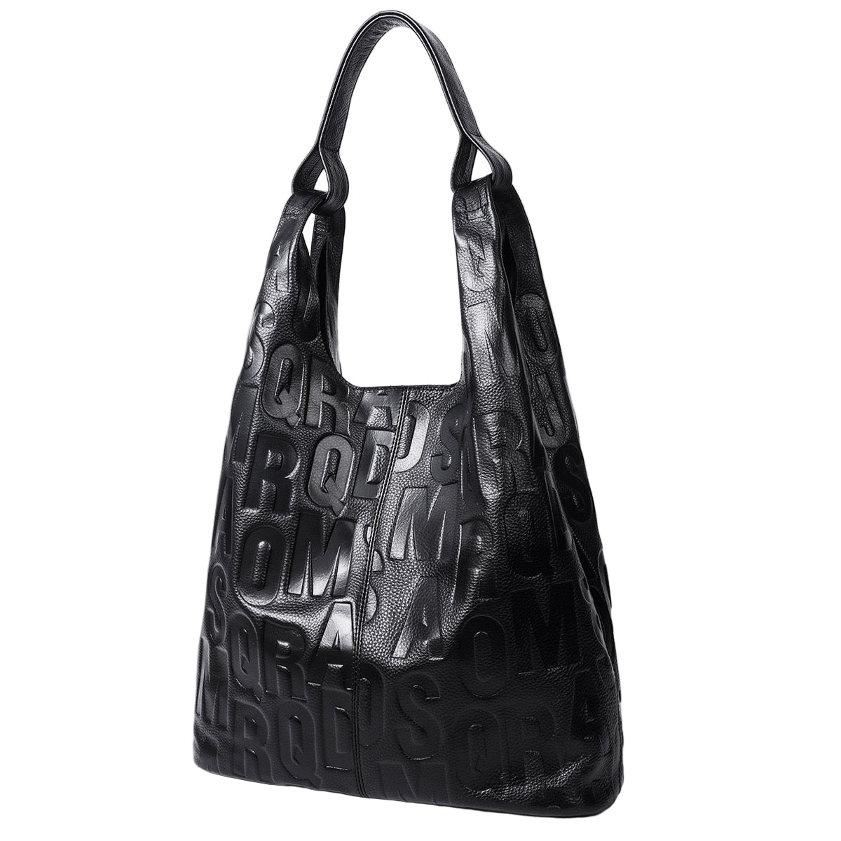 Black Genuine Leather Embossed Lettering Hobo Bag