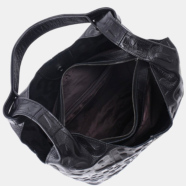 Black Genuine Leather Embossed Lettering Hobo Bag