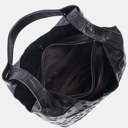 Black Genuine Leather Embossed Lettering Hobo Bag