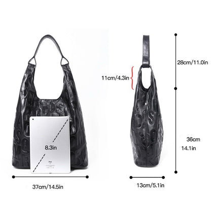 Black Genuine Leather Embossed Lettering Hobo Bag