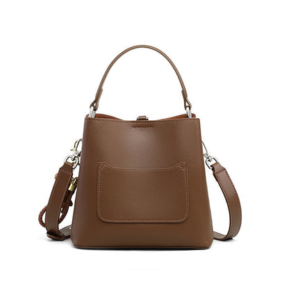 Coffee Genuine Leather Bucket Bag with Bear Charm