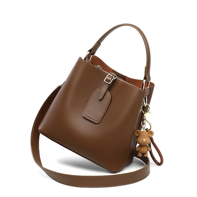 Coffee Genuine Leather Bucket Bag with Bear Charm