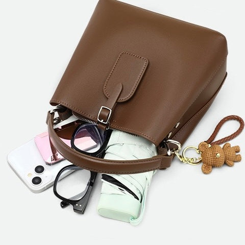 Coffee Genuine Leather Bucket Bag with Bear Charm