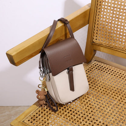 Color-Block Genuine Leather Mini Crossbody Phone Bag with Bear Charm