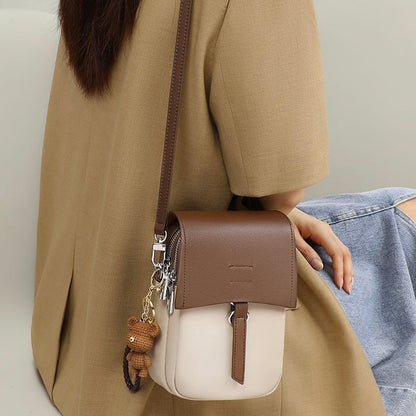 Color-Block Genuine Leather Mini Crossbody Phone Bag with Bear Charm