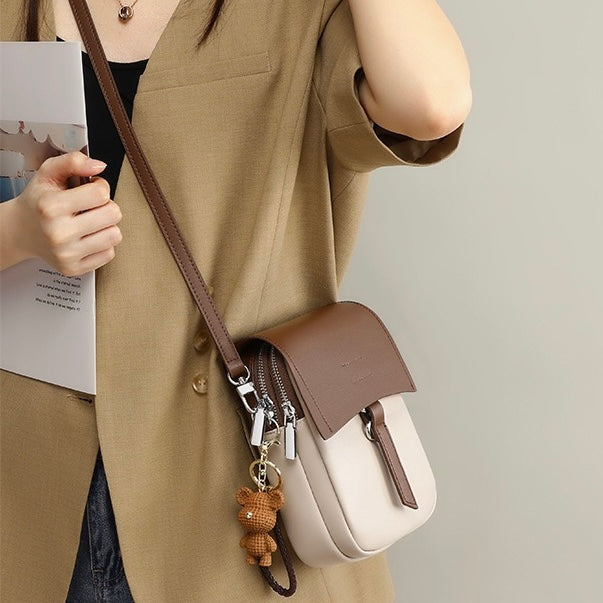 Color-Block Genuine Leather Mini Crossbody Phone Bag with Bear Charm