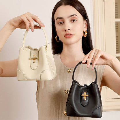 Genuine Leather Premium Lock Mini Bucket Handbag Crossbody Bag for Women