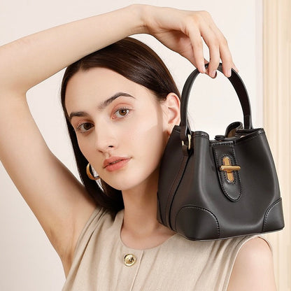Genuine Leather Premium Lock Mini Bucket Handbag Crossbody Bag for Women