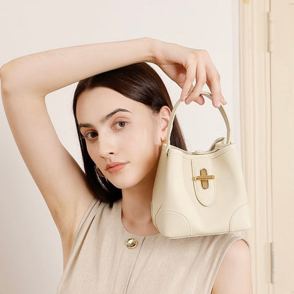 Genuine Leather Premium Lock Mini Bucket Handbag Crossbody Bag for Women