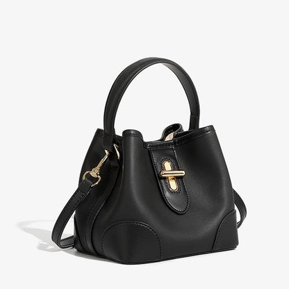 Genuine Leather Premium Lock Mini Bucket Handbag Crossbody Bag for Women