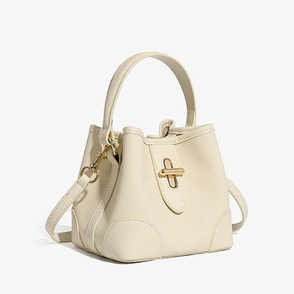 Genuine Leather Premium Lock Mini Bucket Handbag Crossbody Bag for Women