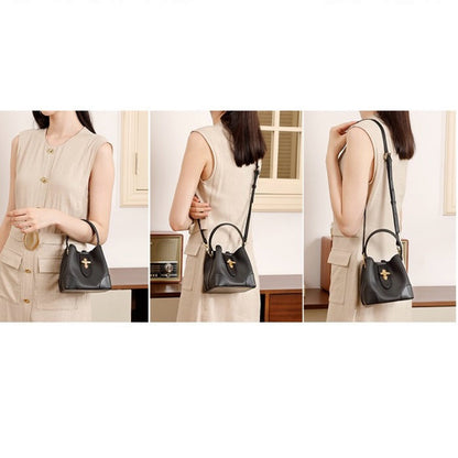 Genuine Leather Premium Lock Mini Bucket Handbag Crossbody Bag for Women