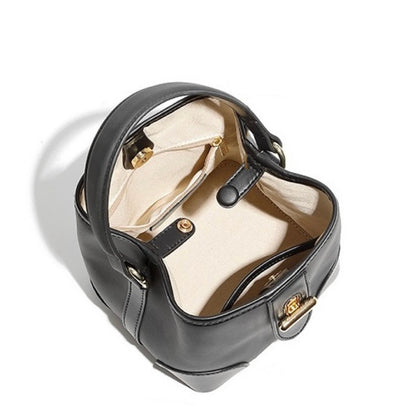 Genuine Leather Premium Lock Mini Bucket Handbag Crossbody Bag for Women