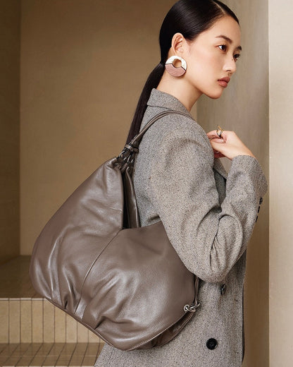 Women's Ruched Genuine Leather Large Tote Hobo Bag