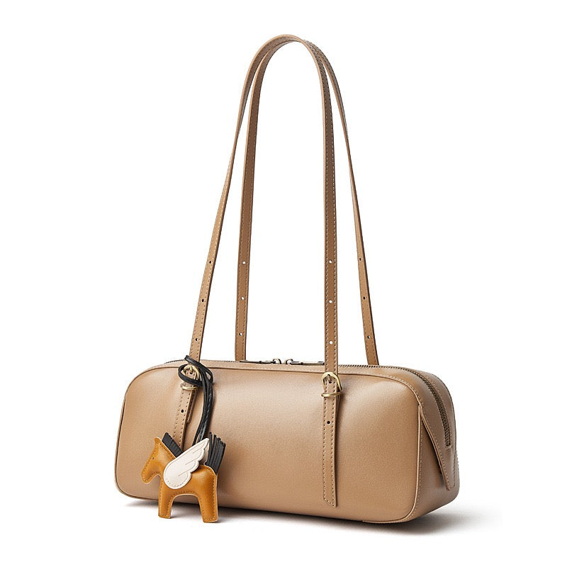 Women's Genuine Leather Retro Bowling Bag with Horse Charm