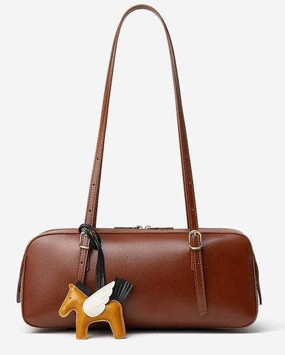 Women's Genuine Leather Retro Bowling Bag with Horse Charm