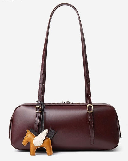 Women's Genuine Leather Retro Bowling Bag with Horse Charm