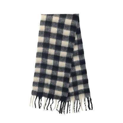Women's Elegant Black & White Plaid Patterned Fringed Imitation Cashmere Scarf