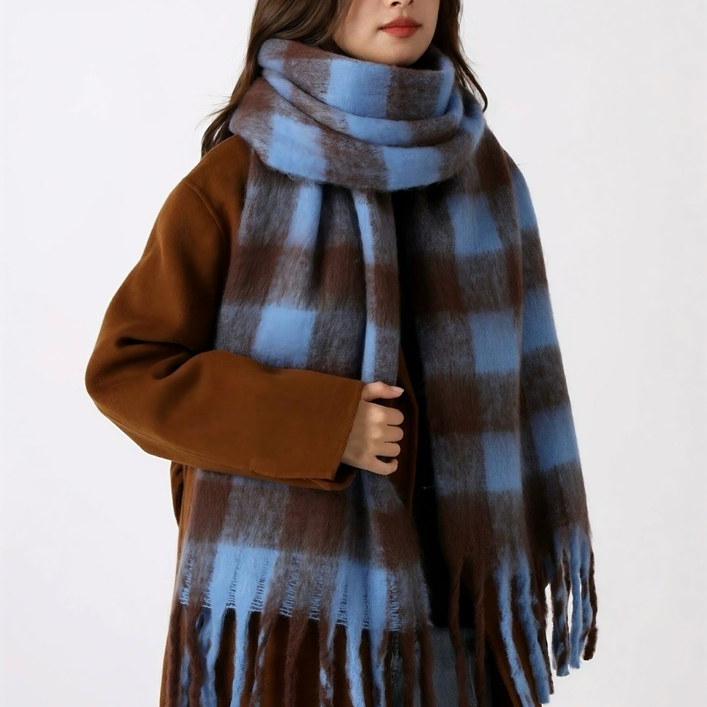 Women's Blue Plaid Patterned Fringed Imitation Cashmere Scarf
