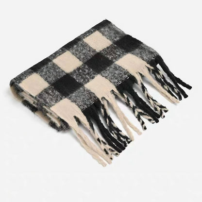 Women's Elegant Black & White Plaid Patterned Fringed Imitation Cashmere Scarf