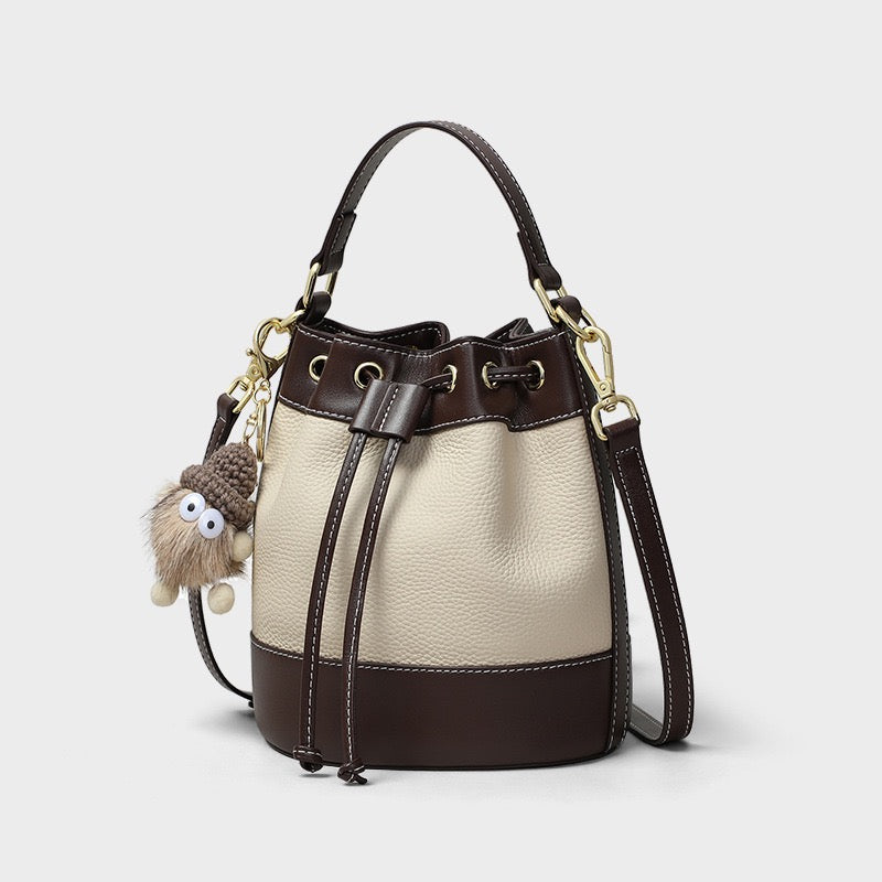 Women's Genuine Leather Pendant Decor Bucket Handbag Crossbody Bag