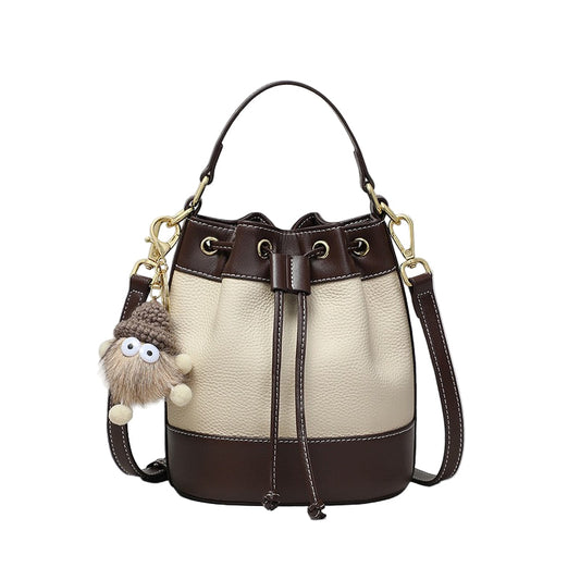 Women's Genuine Leather Pendant Decor Bucket Handbag Crossbody Bag
