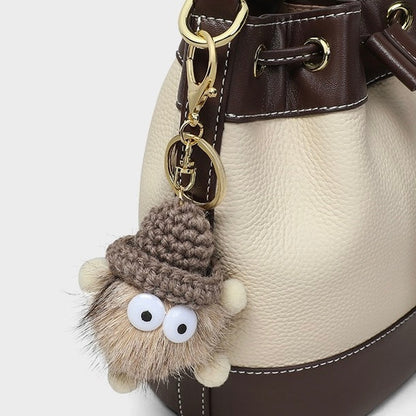 Women's Genuine Leather Pendant Decor Bucket Handbag Crossbody Bag