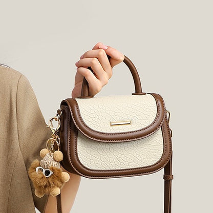 Women's Genuine Leather Color Block Furry Pendant Handbag Crossbody Bag