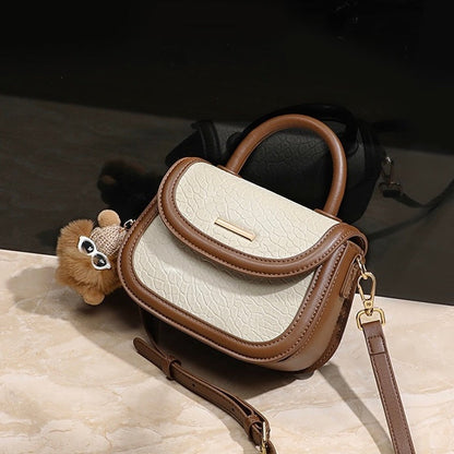 Women's Genuine Leather Color Block Furry Pendant Handbag Crossbody Bag