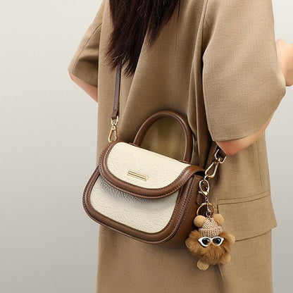 Women's Genuine Leather Color Block Furry Pendant Handbag Crossbody Bag