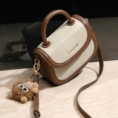 Women's Genuine Leather Color Block Furry Pendant Handbag Crossbody Bag