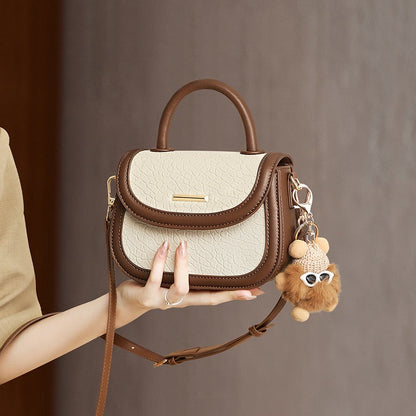 Women's Genuine Leather Color Block Furry Pendant Handbag Crossbody Bag