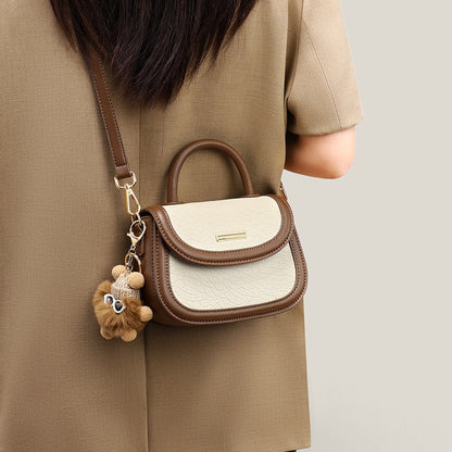 Women's Genuine Leather Color Block Furry Pendant Handbag Crossbody Bag