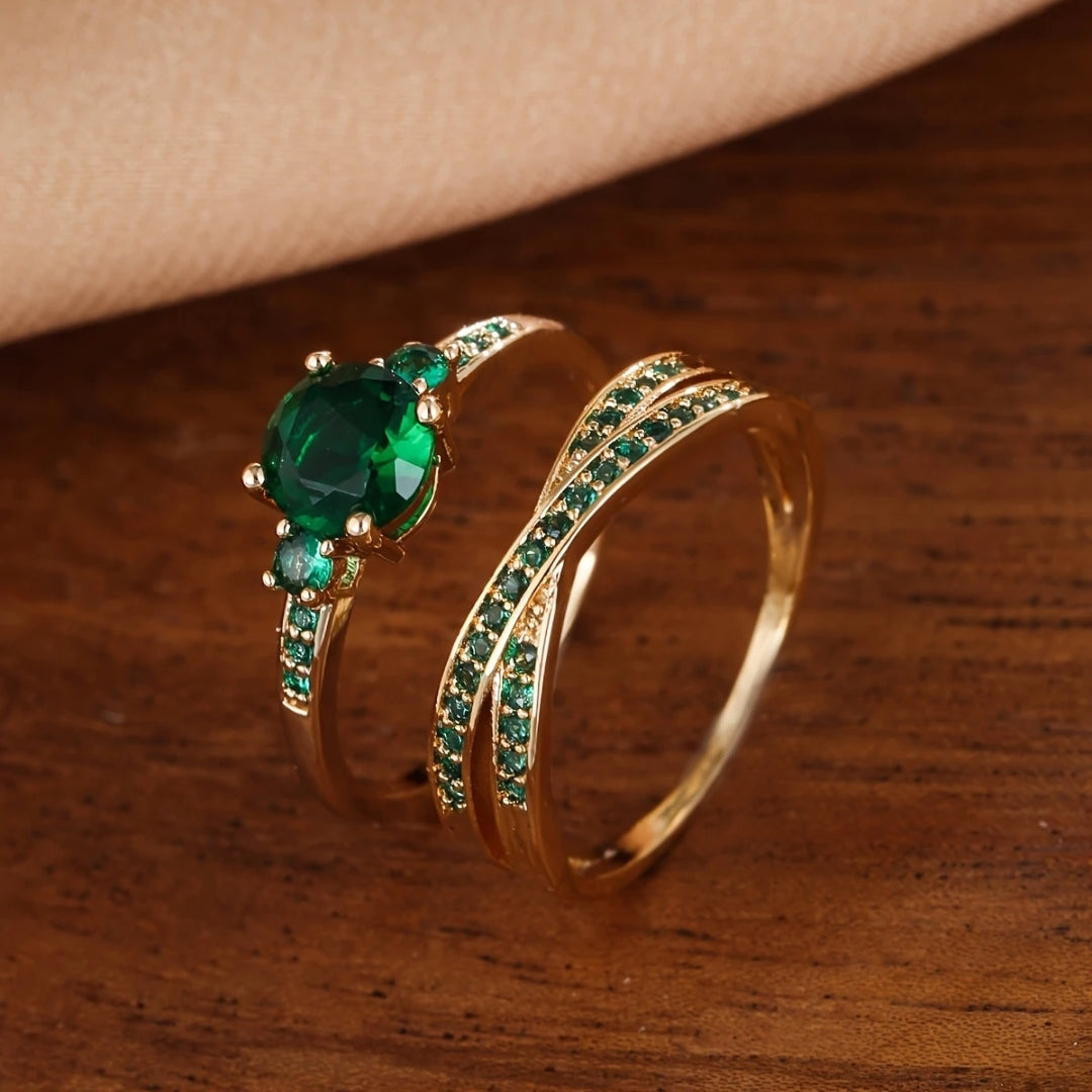 Exclusive Gold Ring Set with Green Crystals - LEESTIA