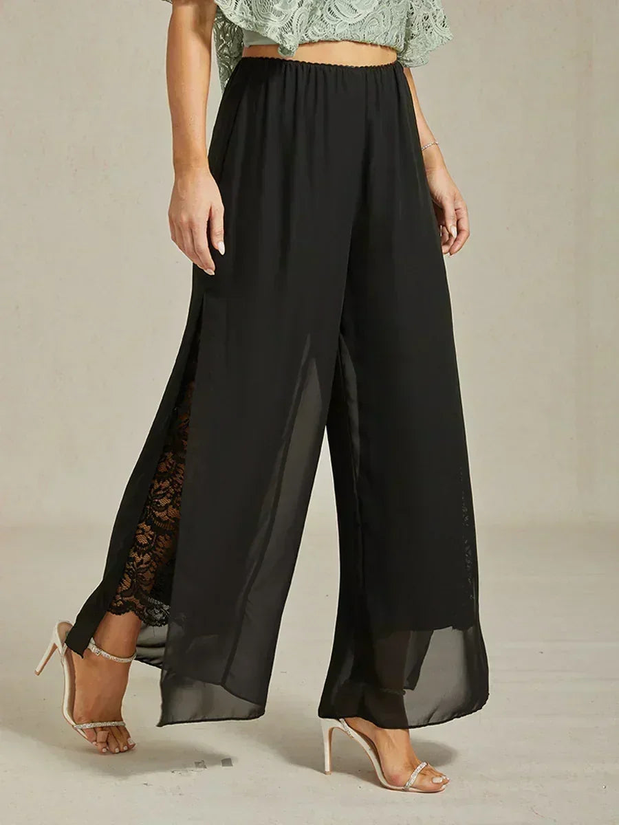 Lace Straight Leg Pant With Chiffon Split Leg Overlay