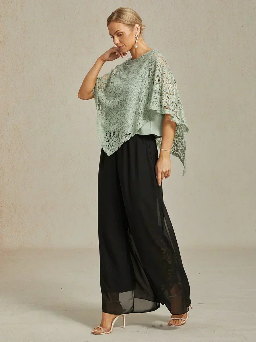 Lace Straight Leg Pant With Chiffon Split Leg Overlay