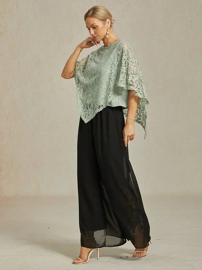 Lace Straight Leg Pant With Chiffon Split Leg Overlay