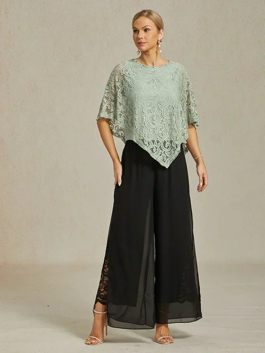 Lace Straight Leg Pant With Chiffon Split Leg Overlay