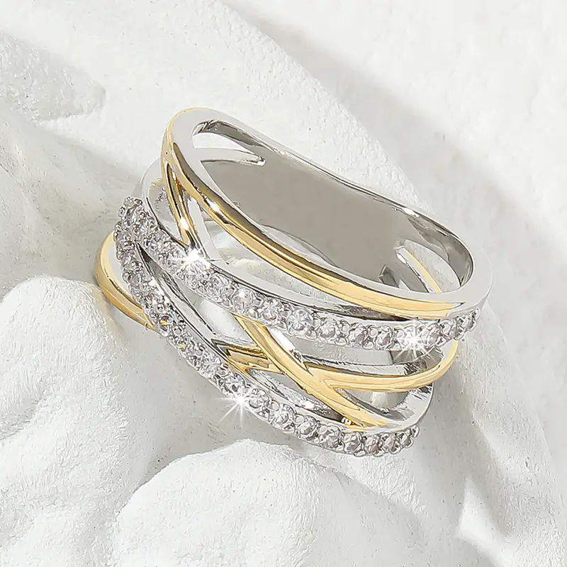 Two Tone Crossover Zirconia Band Ring - LEESTIA