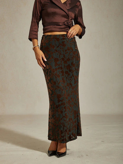 Long Floral Velvet Skirt with Fishtail