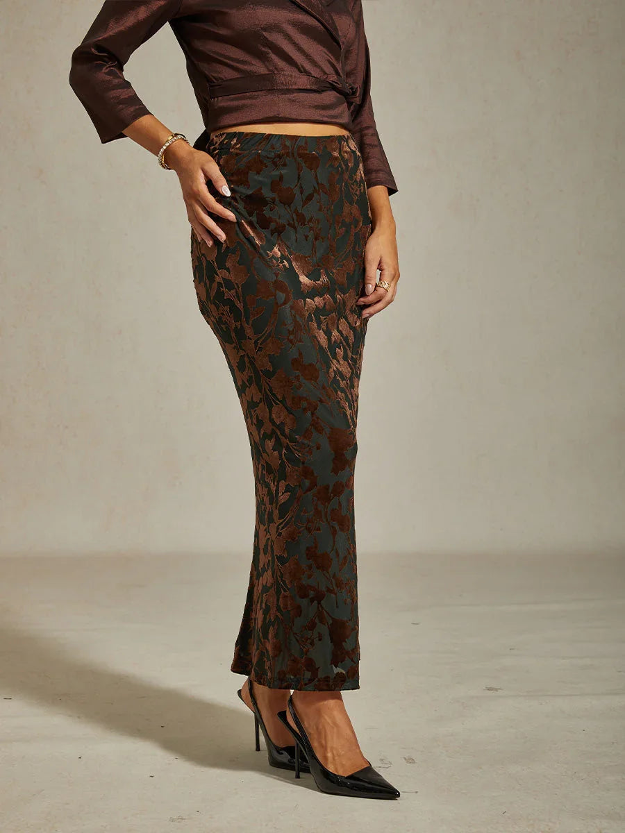 Long Floral Velvet Skirt with Fishtail