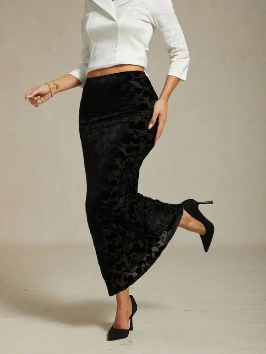 Long Floral Velvet Skirt with Fishtail