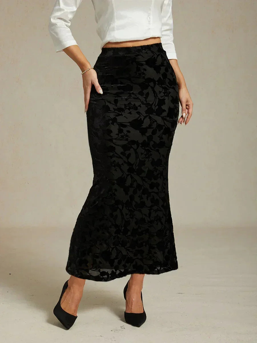 Long Floral Velvet Skirt with Fishtail