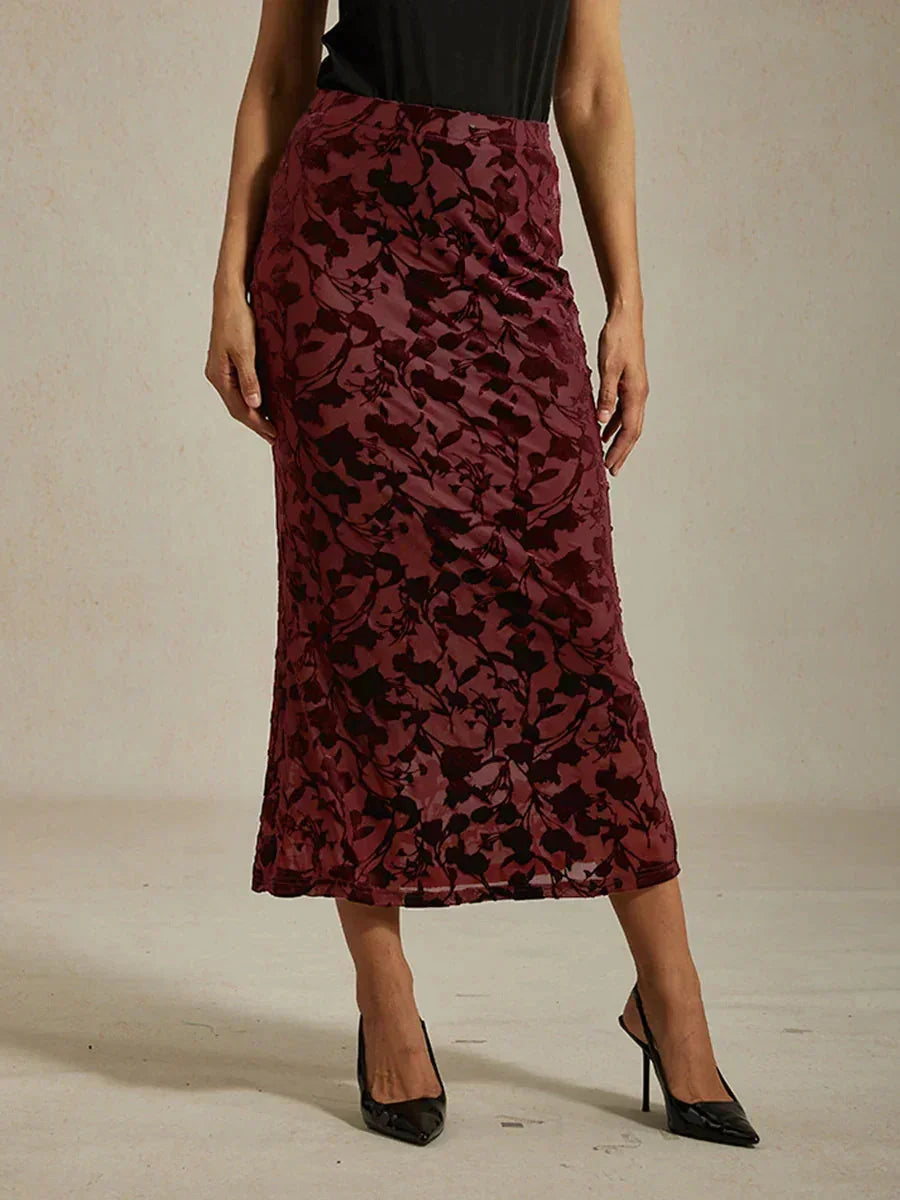 Long Floral Velvet Skirt with Fishtail