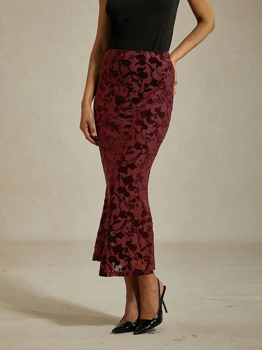Long Floral Velvet Skirt with Fishtail