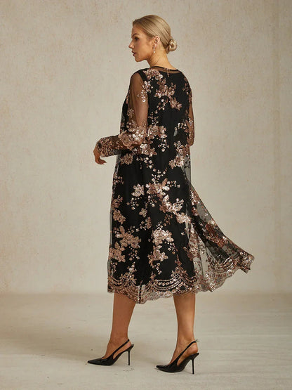 Long Sequin Embroidered Jacket with Baroque Floral Pattern