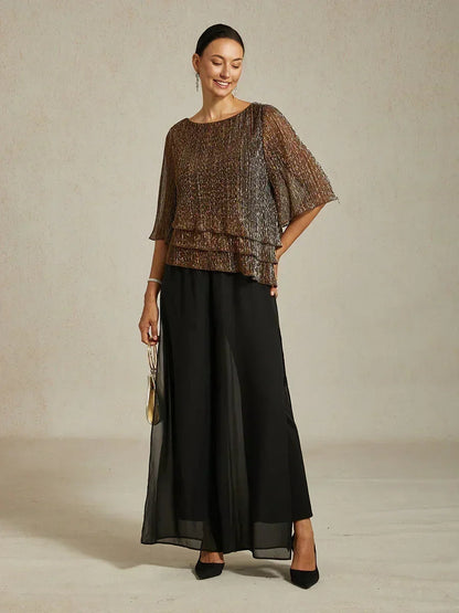 Metallic Pleated Chiffon Asymmetrical Layered Blouse