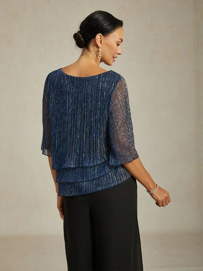 Metallic Pleated Chiffon Asymmetrical Layered Blouse