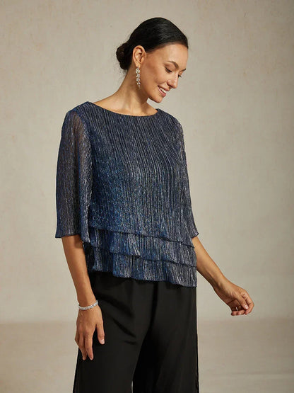 Metallic Pleated Chiffon Asymmetrical Layered Blouse